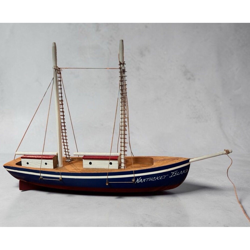 VTG Nantucket Island Handcrafted Wooden Sailing Boat Sculpture Nautical READ!!